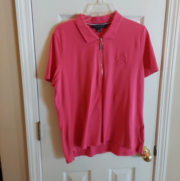 TOMMY HILFIGER LOGO WOMEN'S FRONT ZIP COLLARED GOLF POLO SHIRT L/XL 12 NWOT SO - Picture 1 of 11